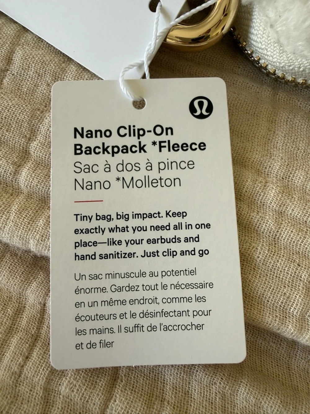 NWT Lululemon Nano Clip-On Fleece Backpack with Gold Hardware - Light Ivory - Picture 3 of 4